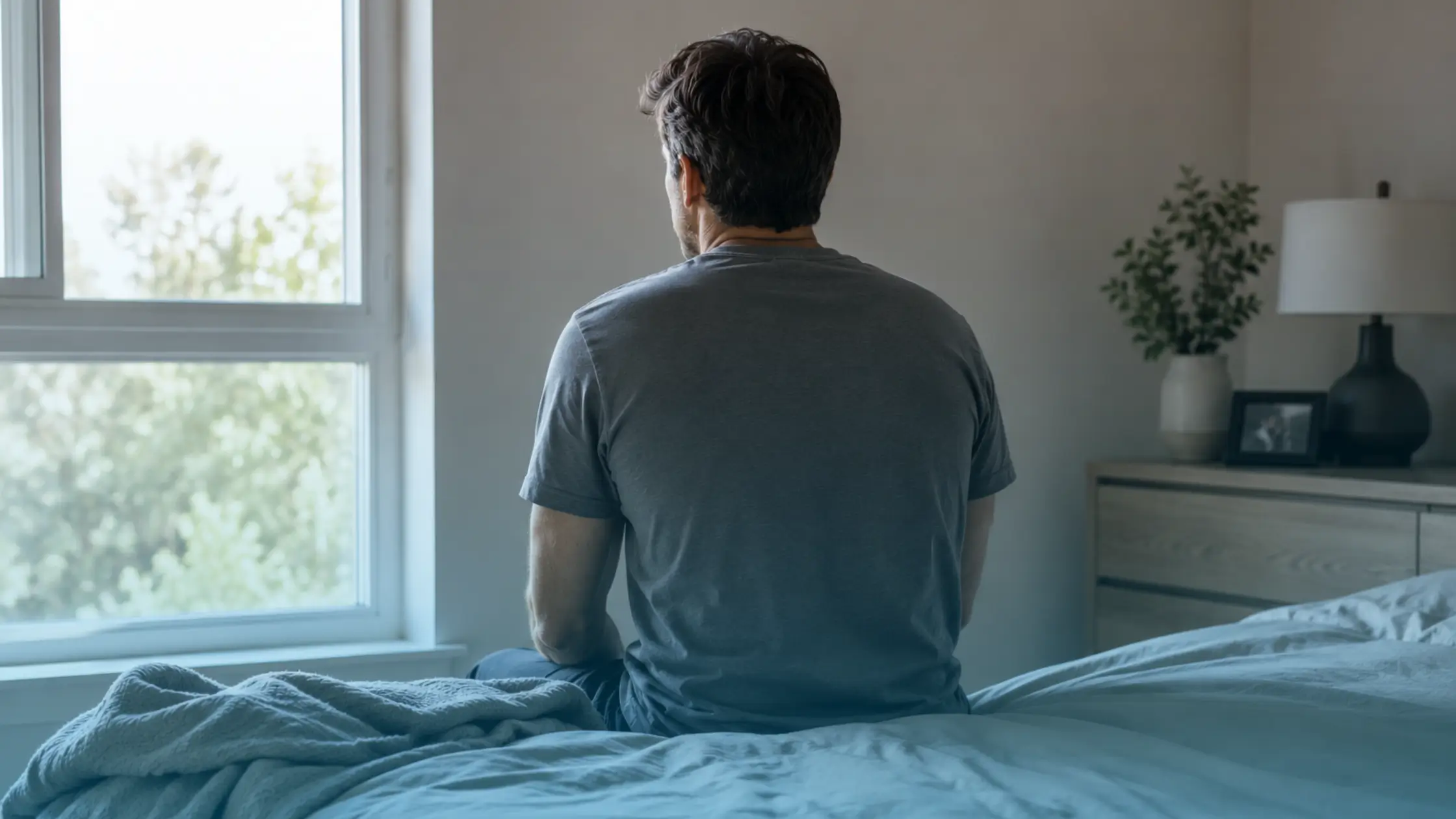 Man sitting on the edge of a bed viewed from behind, reflecting fatigue and health concerns related to apomorphine treatment