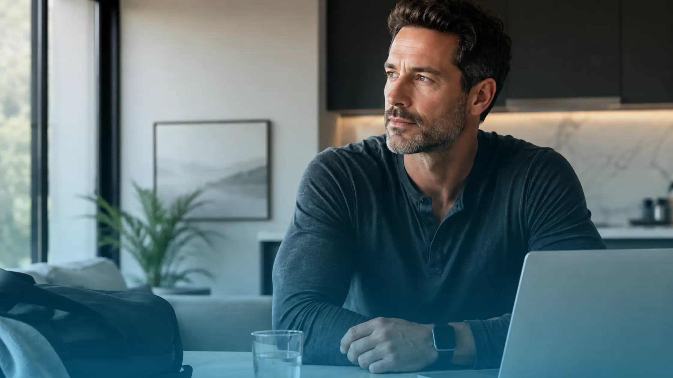 Adult man using a laptop at home to learn how to get Anavar prescription online through a licensed telehealth provider in the USA